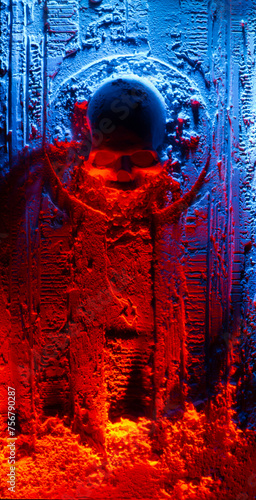 Skull illuminated with blue and red lights on a textured wood