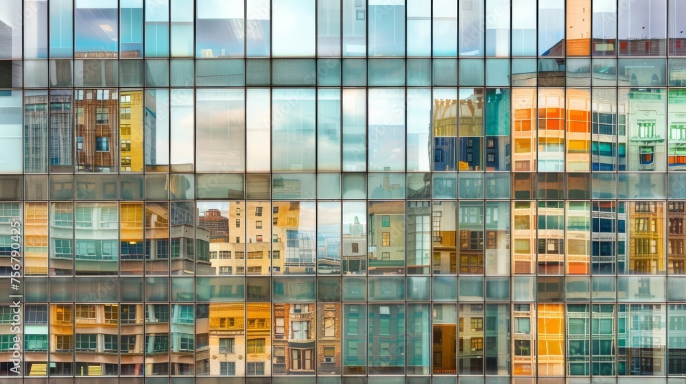 This image captures the reflective glass panels of a building, creating a mosaic of various urban structures and skies This image captures the reflective glass panels of a building, creating a mosaic of various urban structures and skies