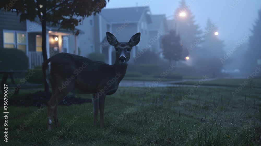 An enchanting scene of a deer standing in a suburban neighborhood with houses shrouded in an ethereal morning mist - obrazy, fototapety, plakaty 
