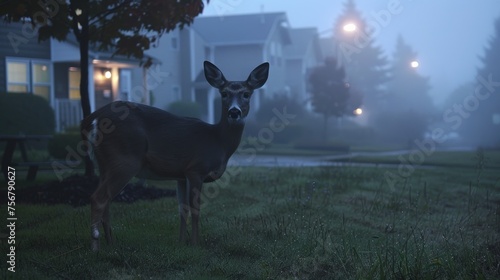 An enchanting scene of a deer standing in a suburban neighborhood with houses shrouded in an ethereal morning mist