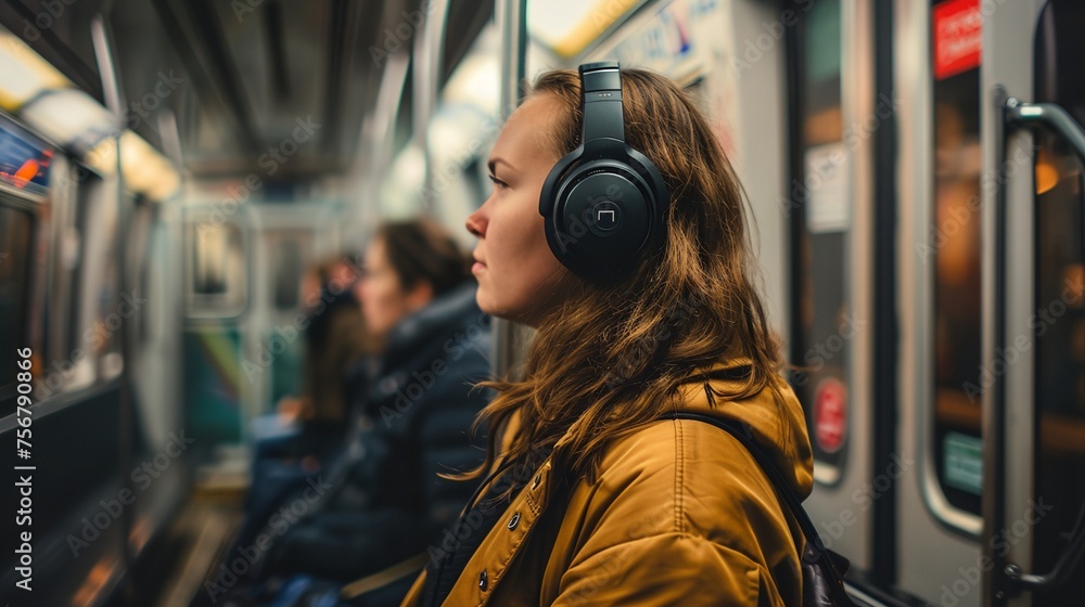 a woman with headphones in a subway a woman with headphones in a subway