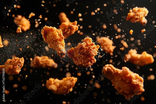 Pieces of crispy fried chicken drumsticks and wings floating in the air isolated on black background. Fast food, takeaway meal for Super Bowl, game day party, Father's day. Delicious unhealthy snack photo