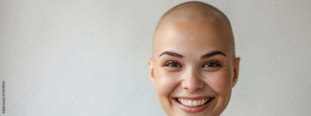 a woman with a bald head smiling - obrazy, fototapety, plakaty 