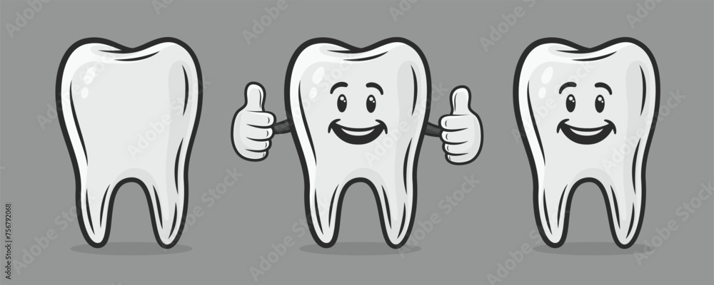 Vector Cute and Friendly Cartoon Tooth Character. Design Template for Promoting Dental Care and Toothpaste. Healthy Oral Hygiene Concept. The Smiling Tooth Character Showing Hand Gesture LIKE Vector Cute and Friendly Cartoon Tooth Character. Design Template for Promoting Dental Care and Toothpaste. Healthy Oral Hygiene Concept. The Smiling Tooth Character Showing Hand Gesture LIKE