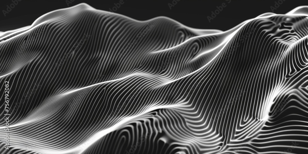 A black and white image of a mountain range with a very thin line of color - stock background.