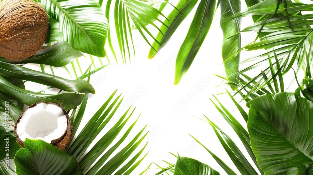Coconut Palm Leaves on a White Background. Tropical Botanical Concept. Coconut Palm Leaves on a White Background. Tropical Botanical Concept.