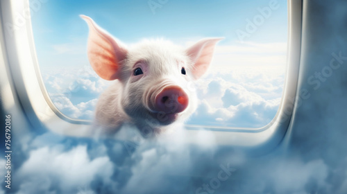 Portrait of a flying pig looking through the window of a commercial airliner with clouds and colorful sky in the background photo