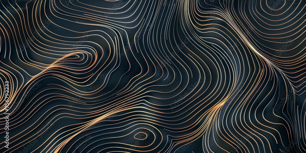 A black and gold patterned background with a wave-like design - stock background.