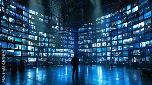 many screens in the middle, random arrangement of screens cinematic lighting,neon, cinematic composition, photorealistic