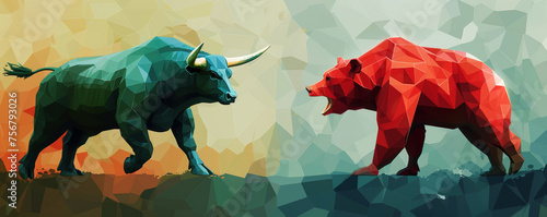 Illustration of a green bull vs. a red bear, concept of the bull market vs. bear market in the stock market and cryptocurrency