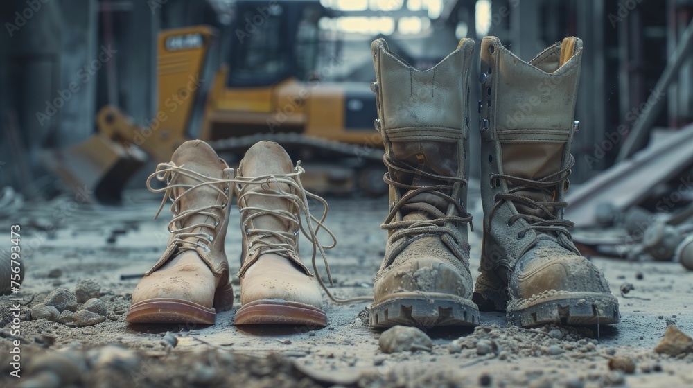 A pair of ballet shoes next to construction boots challenges gender norms and celebrates women across all professions against an occupational backdrop. A pair of ballet shoes next to construction boots challenges gender norms and celebrates women across all professions against an occupational backdrop.