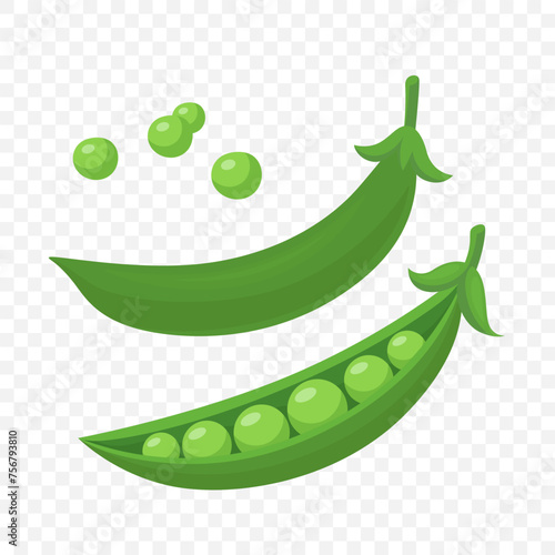 Vector Green Pea Pod. Green Peas Design Template, Cartoon Flat Peas. Green Pea Clipart, Front View