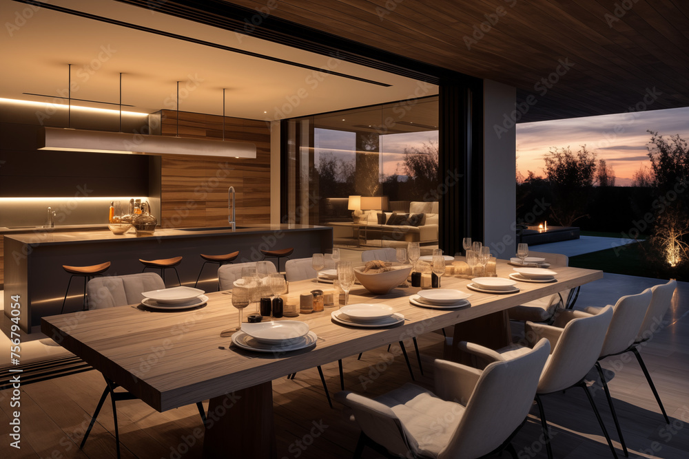 Open plan kitchen with dining table outside. Modern house. Generative AI tools