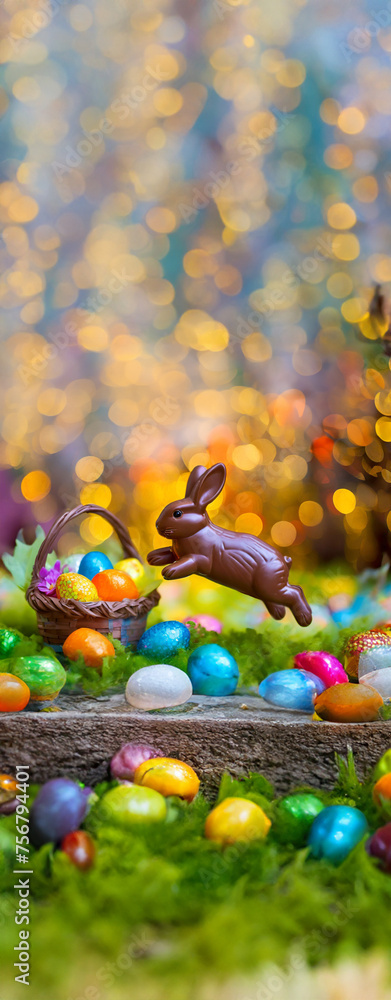 A vertical mobile friendly image of a classic chocolate bunny surrounded by colorful easter eggs hops high in the air - shallow depth of field.