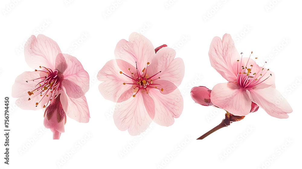 The natural colors of sakura on the flower stalk are isolated on a transparent background. - obrazy, fototapety, plakaty 
