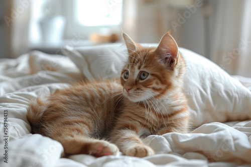 Small adorable ginger kitten laying on white bed in white bedroom, blurred background