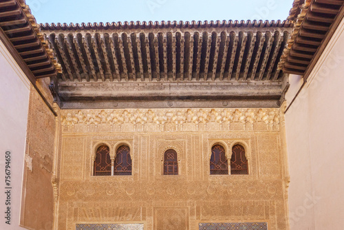 Beautiful architecture inside moorish palace with detailed artwork, Granada, Andalusia, Spain