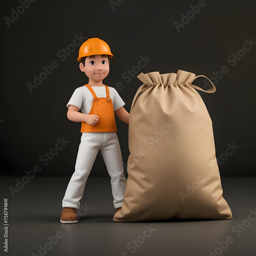 Construction worker man with orange helmet cartoon style drawing with bag, mockup