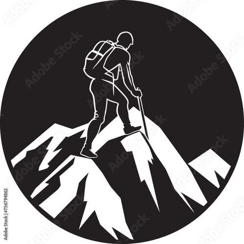 Scaling Success: Mountain Climber Black Logo Design Thrill Triumph: Man Climbing Mountain Vector Icon in Black