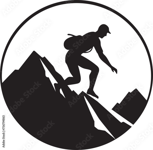 Thrill Triumph: Man Climbing Mountain Vector Icon in Black Summit Seeker: Mountain Climber Black Logo Icon