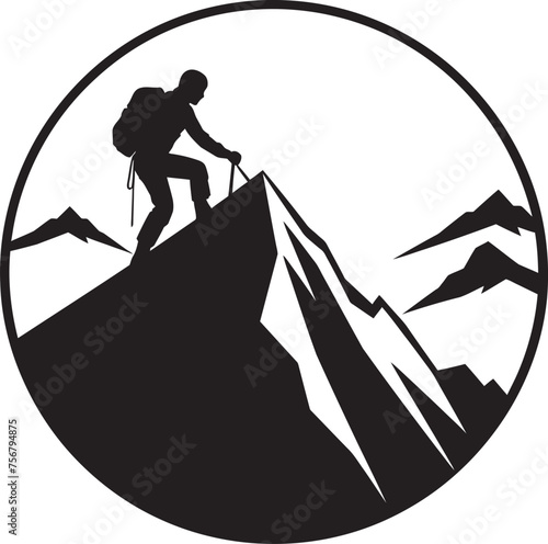 Scaling Success: Mountain Climber Black Logo Design Thrill Triumph: Man Climbing Mountain Vector Icon in Black