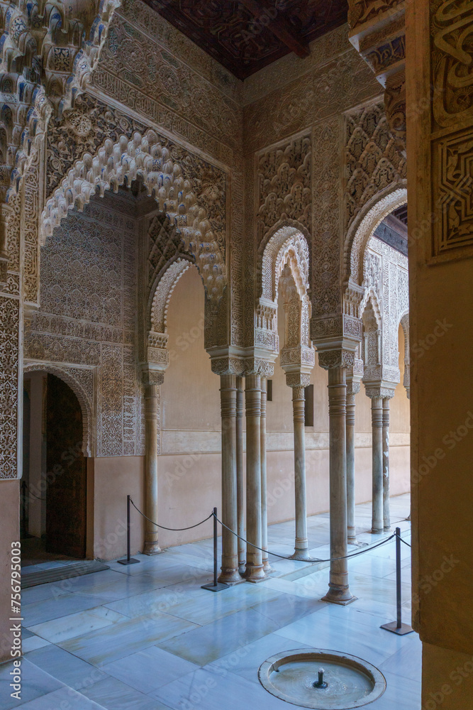 Beautiful architecture inside moorish palace with detailed artwork, Granada, Andalusia, Spain
