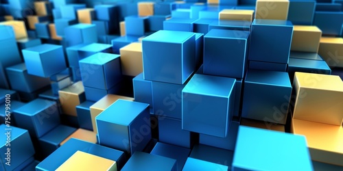 A blue and yellow cube pattern with many blue cubes and a few yellow cubes - stock background.