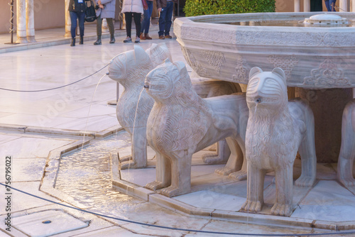 Famous moorish Lion Fountain inside Alhambra Palace, Granada, Andalusia, Spain