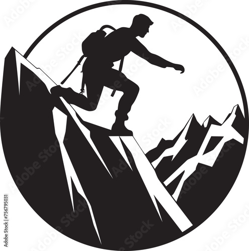 Thrill Triumph: Man Climbing Mountain Vector Icon in Black Summit Seeker: Mountain Climber Black Logo Icon