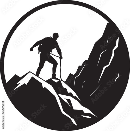 Thrill Triumph: Man Climbing Mountain Vector Icon in Black Summit Seeker: Mountain Climber Black Logo Icon