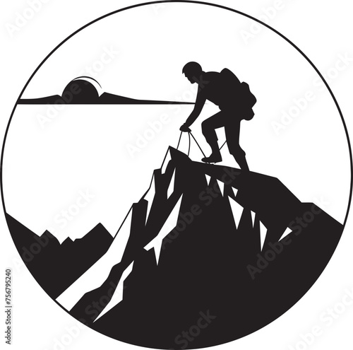 Scaling Success: Mountain Climber Black Logo Design Thrill of Triumph: Man Climbing a Mountain Vector Icon in Black