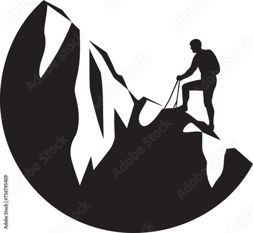 Scaling Success: Mountain Climber Black Logo Design Thrill of Triumph: Man Climbing a Mountain Vector Icon in Black