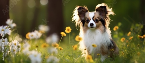 A small carnivore dog breed, such as a toy dog or companion dog, is happily running through a field of flowers and grass, resembling a playful fawn