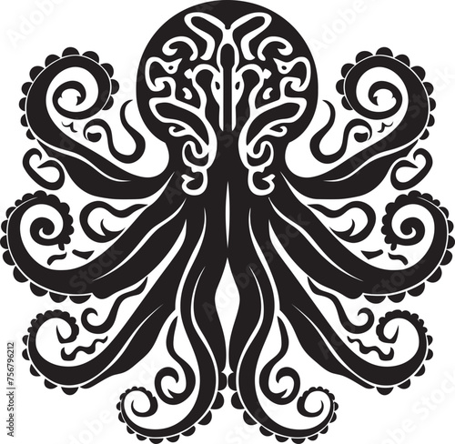 Oceanic Serenity: Octopus Mandala Art in Black Vector Cosmic Connection: Octopus Mandala Black Logo Design