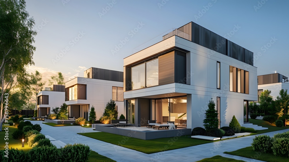 Modern modular private townhouses. Residential minimalist architecture exterior. 