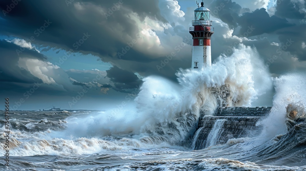 Waves crash against a lighthouse on the rugged coast, a dramatic scene of maritime power.