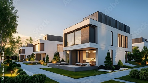 Modern modular private townhouses. Residential minimalist architecture exterior.  © Ziyan