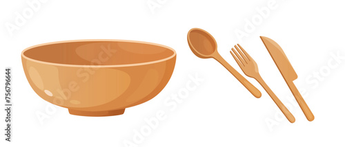 Zero waste eco wooden tableware includes fork, spoon, knife and bowl.
