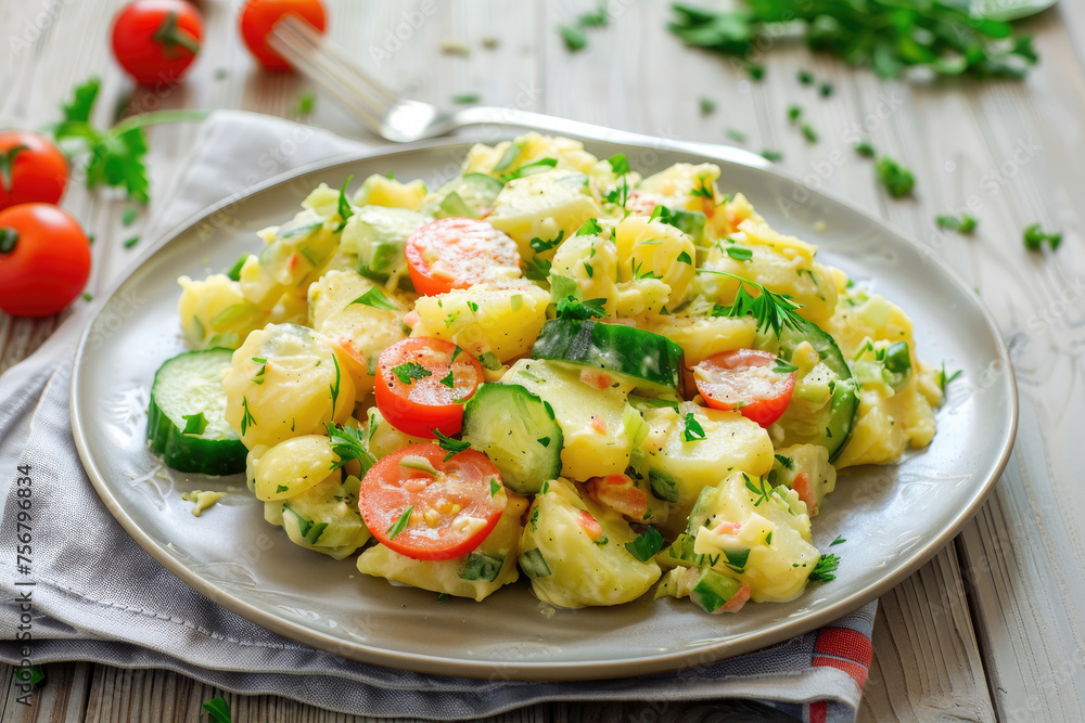 Delicious Plate of Potato Salad with Tomatoes and Cucumbers on a Wooden Table Delicious Plate of Potato Salad with Tomatoes and Cucumbers on a Wooden Table