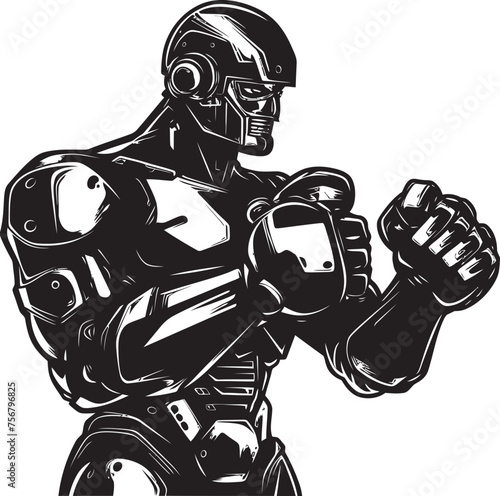 Cybernetic Combatant: Robot Boxer Vector Black Icon Robotic Ringmaster: Robot Boxer Black Logo Icon