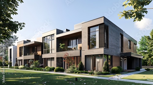 Modern modular private townhouses. Residential minimalist architecture exterior. 