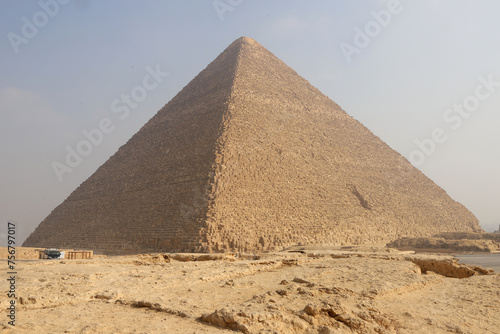 View of the Great Pyramid from an interesting perspective on a foggy morning in Giza  Cairo