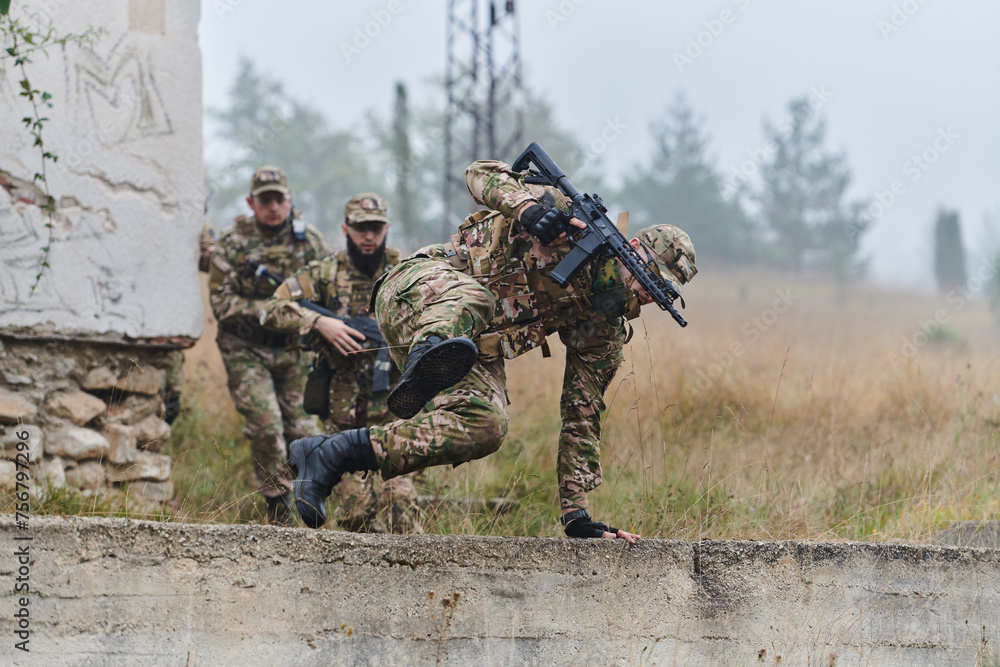 A highly trained elite military unit, clad in camouflage, skillfully navigates through perilous forest terrain, overcoming obstacles and executing a precise and covert mission A highly trained elite military unit, clad in camouflage, skillfully navigates through perilous forest terrain, overcoming obstacles and executing a precise and covert mission