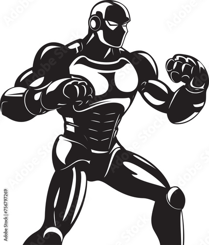 Artificial Athlete: Robot Boxer Vector Black Logo Mechanical Marvel: Robot Boxer Black Logo Icon Design