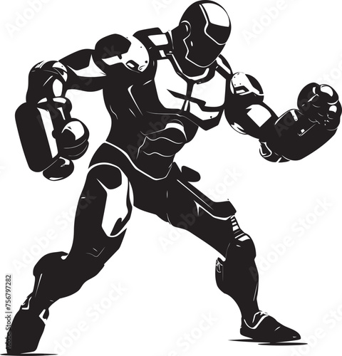 Techno Boxer: Robot Boxer Black Logo Design Metallic Fighter: Robot Boxer Vector Black Icon