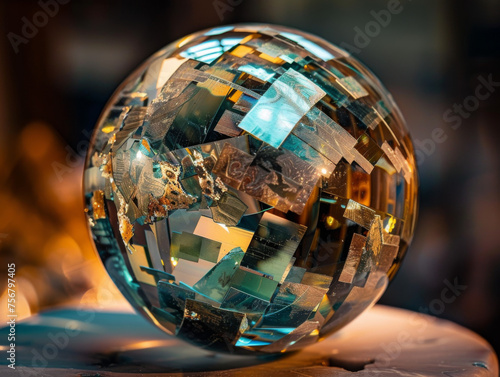glass crystal sphere in night lights reflecting different colors