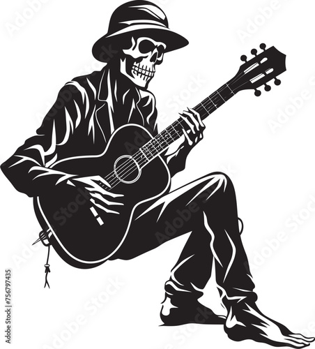 Rhythmic Remains: Skeleton Playing Guitar Logo Icon Eerie Melodies: Skeleton Guitarist Vector Black Logo