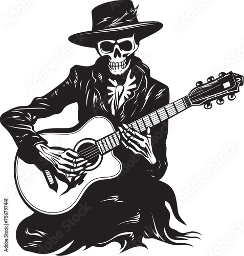 Undead Jam Session: Skeleton Vector Black Logo Icon Macabre Musician: Skeleton Playing Guitar Logo Icon Design