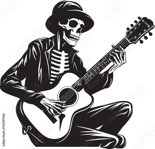 Eerie Melodies: Skeleton Guitarist Vector Black Logo Bone Strings Symphony: Skeleton Playing Guitar Logo Design