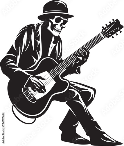 Rhythmic Remains: Skeleton Playing Guitar Logo Icon Eerie Melodies: Skeleton Guitarist Vector Black Logo